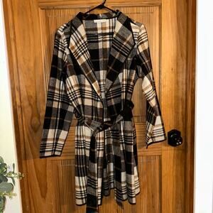 Keren Hart Plaid Wool Blend Open Front Belted Wrap Cardigan Coat, size L